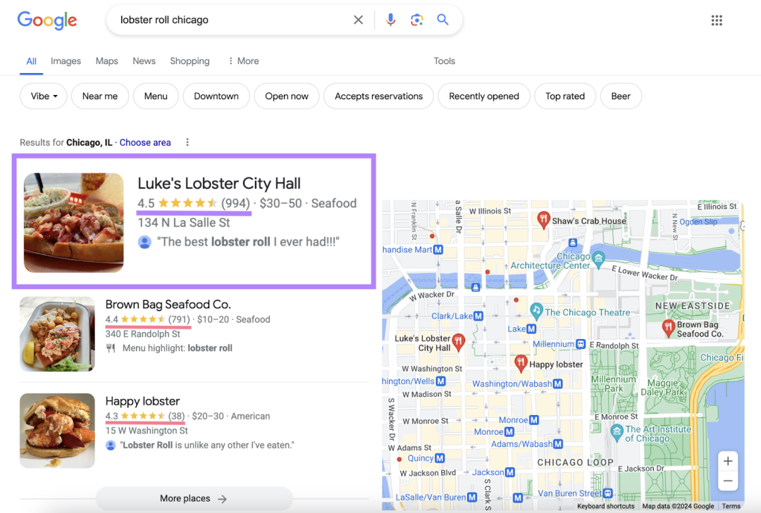 搜索 lobster roll chicago 有最佳本地套餐结果，其中突出显示了最多评分和最高评分