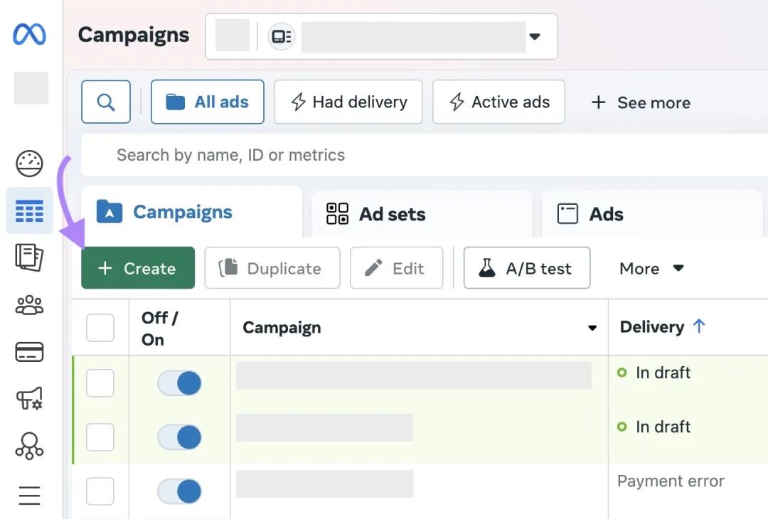 点击绿色的“+ 创建”按钮进入 Meta Ads Manager 主页。