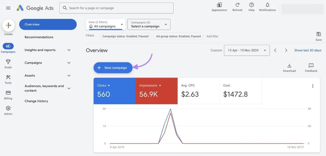 点击“新广告系列”按钮后，进入 Google Ads 管理器主页。